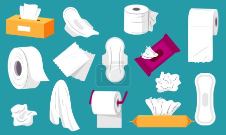 Illustration for Paper tissue collection. Paper roll with tissues wet and dry, clean napkins box, everyday hygiene products cartoon flat style. Vector isolated set of paper tissue and roll toilet illustration - Royalty Free Image