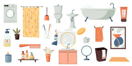 Illustration for Bathroom accessories set. Cartoon toilet hygiene equipment, soap gel shampoo, sink with mirror towel and bathtub faucet. Vector flat collection of bathroom set to hygiene in toilet illustration - Royalty Free Image