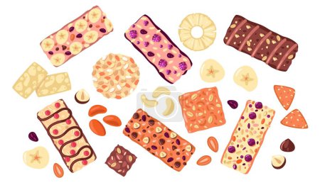 Illustration for Healthy snaks. Natural food snacks with healthy vegetarian ingredients. Colorful vegan food bars with dried berries and nuts vector illustration of granola nutrition - Royalty Free Image
