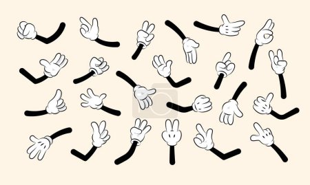 Illustration for Retro cartoon hands. Cute comic character arms and fingers, glove with pointers and thumbs up gestures. Vector isolated set of glove cartoon collection, pointing finger Illustration - Royalty Free Image