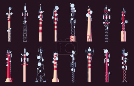Illustration for Radio towers. Radio antenna for wireless communication and broadcasting, telecommunication network connection and reception technology. Vector set of station broadcast tower signal illustration - Royalty Free Image