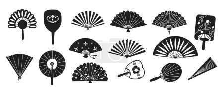 Illustration for Oriental fans silhouettes. Asian traditional hand fans, elegant oriental japanese monochrome decorative elements. Vector isolated set of fan oriental traditional illustration - Royalty Free Image