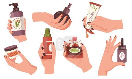 Illustration for Cartoon hands with cosmetics. Woman hands with perfume and cosmetic bottles, woman care products flat style. Vector isolated set of perfume and cosmetic illustration - Royalty Free Image
