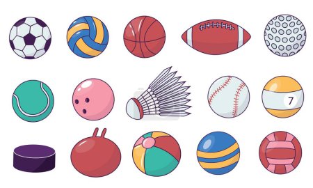 Illustration for Game ball colletion. Cartoon billiard football and ping-pong balls, leisure sports equipment, colorful collection of spheres. Vector set of bowling and basketball, tennis and baseball illustration - Royalty Free Image