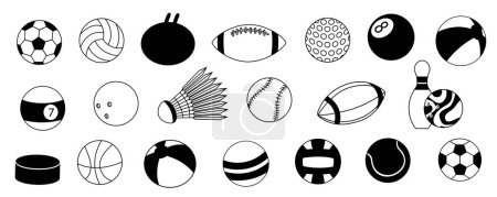 Illustration for Sport ball icons. Cartoon game ball silhouette flat style, football baseball streetball and volleyball black symbols. Vector isolated collection of sport game ball silhouette illustration - Royalty Free Image