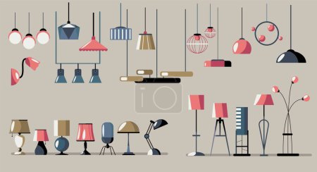 Illustration for Interior lamps collection. Cartoon table lamps and floor lamps, home and office illumination, trendy decorative light bulb. Vector isolated set of furniture lamp decoration for floor room illustration - Royalty Free Image