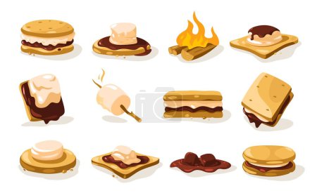 Illustration for Smore set. Cartoon crispy roasted marshmallow sweet snack, yummy dessert with chocolate cookie, summer campfire snack. Vector isolated collection of marshmallow and smore, gooey and tasty illustration - Royalty Free Image