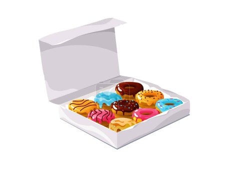Illustration for Donuts in the box. Sweet snack dough in box, chocolate cake dough in paper box with logo, appetizing glazed dessert. Vector colorful set of snack food in box illustration - Royalty Free Image