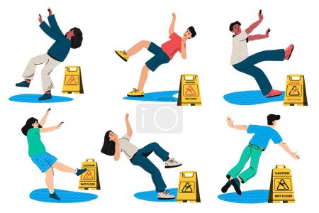 Illustration for People slip on wet floor. Yellow caution sign, fall down accident, health hazard and danger. Vector man and woman stumble down on wet surface illustration - Royalty Free Image