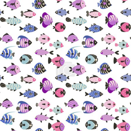 Téléchargez les illustrations : Modèle de poisson coloré. Empreinte transparente d'animaux marins nageant sous l'eau de poissons tropicaux exotiques. Texture de fond vectorielle de l'illustration de motif d'impression marine sans couture - en licence libre de droit