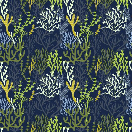 Illustration for Seaweeds pattern. Seamless print of aquatic plants and nature, wallpaper background cartoon blue algae, endless marine wrapping paper and textile. Vector ocean seaweed aquatic seamless illustration - Royalty Free Image