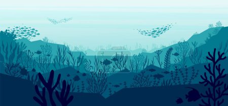 Téléchargez les illustrations : Paysage silhouette sous-marine. Scène sous-marine exotique avec récif corallien et poissons. Fond vectoriel avec manta et requins-marteaux de récif corallien illustration sous-marine océan - en licence libre de droit