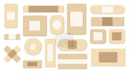 Illustration for Adhesive plaster. Medical bandage, blister bandage and pad, antiseptic flexible dressing for protection of wounds. Vector flat set of blister medical adhesive illustration - Royalty Free Image