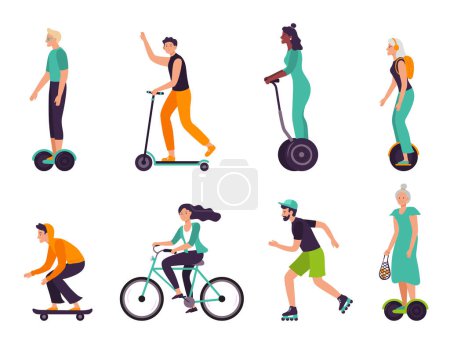Illustration for Active people healthy lifestyle. Eco friendly transport, people of different age riding modern vehicles as scooter, bicycle, skateboard and hoverboard. Alternative electric technology vector set - Royalty Free Image