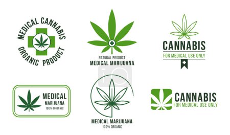 Téléchargez les illustrations : Étiquette de cannabis à usage médical. Traitement légal de la marijuana, analgésique pour les maladies. Feuilles et plantes vertes biologiques pour la thérapie naturelle, autocollant pour pilules isolées ensemble vecteur de dessin animé - en licence libre de droit