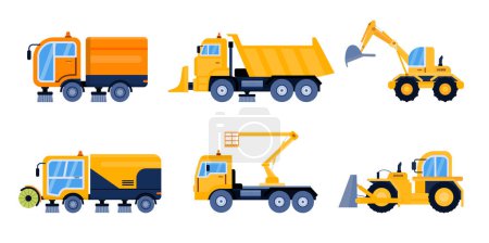 Illustration for City street cleaning equipment. Modern street sweeper truck, industrial vehicle for road service. Urban machinery, snowplough, crane and asphalt cleaner vehicles isolated vector set - Royalty Free Image