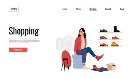 Illustration for Clothing shop landing page, woman choosing boots at shoe store. Display of footwear, shelves with different footgear. Female character purchasing stylish products. Retail sale website vector template - Royalty Free Image