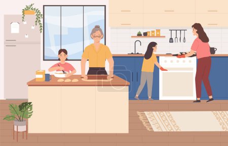 Illustration for Family cooking together. Grandmother with granddaughter making buns, kneading and rolling dough, mum and kid baking pastry in kitchen. Children helping to prepare food vector illustration - Royalty Free Image