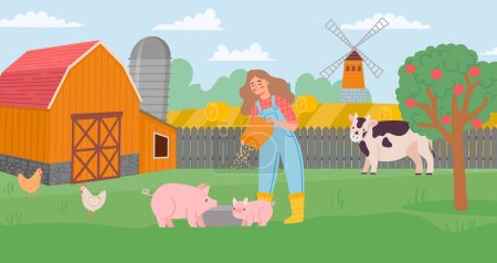 Ilustración de Vida en la granja. Mujer joven alimentando cerdo, prado con vaca y aves. Ganadería y cría de animales. Industria ganadera. Campos con pajar y molinos de viento, ilustración de vectores de tierras de cultivo - Imagen libre de derechos