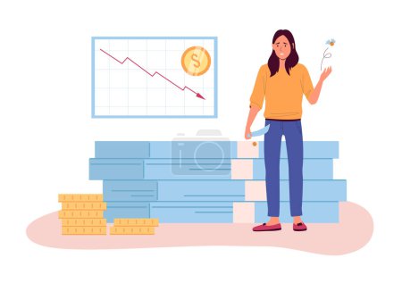 Illustration for Financial crisis. Disappointed person showing empty pockets. Market fall, cart showing arrow going down. Economy collapse concept. Employee without money, poverty vector illustration - Royalty Free Image