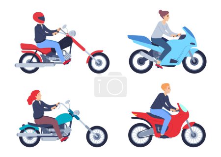 Ilustración de Motociclistas. Personas en casco en scooter y motocicleta. Personajes femeninos y masculinos que conducen deportes y vehículos clásicos. Velocidad de transporte de la ciudad, extremo paseo aislar vector conjunto - Imagen libre de derechos