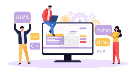Illustration for Programmer and designer developing website. Software developer writing python, java, html code. Man working on laptop, colleagues helping. Male and female characters teamwork, creating website vector - Royalty Free Image