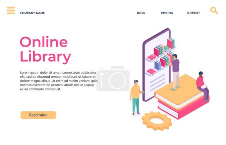 Illustration for Web library online education landing pages. Man choosing book in tablet. Shelves full of textbooks, man character listening to audio story. Studying remotely with technologies vector illustration - Royalty Free Image