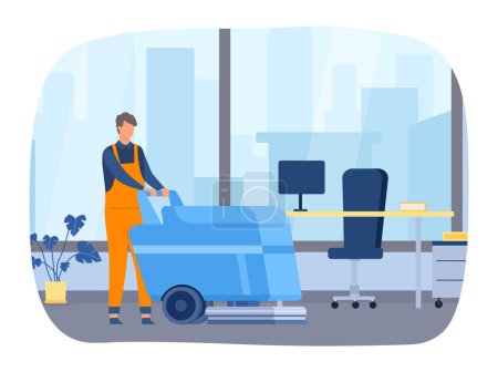 Illustration for Workspace cleanup vector concept. Woman in uniform from cleaning company working with machinery to wash floor. Equipment for office, professional cartoon worker providing service vector - Royalty Free Image