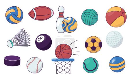 Illustration for Cartoon sport ball. Set of different colorful game equipment, bowling billiard tennis football hockey golf ball different. Vector collection of sport game, ball for volleyball or soccer illustration - Royalty Free Image