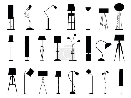 Illustration for Floor lamp silhouettes. Modern light furniture, office and home decorative light, tall lamps and floor lamps detail. Vector isolated set of light lamp silhouette for interior illustration - Royalty Free Image