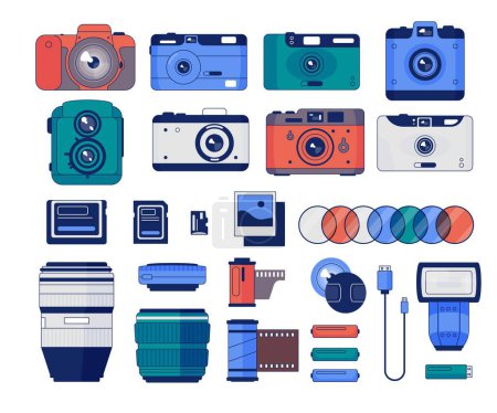 Illustration for Camera and accessories. Camera equipment tripod and filters, dslr with lens and flash, photography camera accessories flat style. Vector set of equipment camera, photography digital illustration - Royalty Free Image