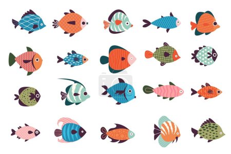 Illustrazione per Raccolta di pesci esotici. Cartone animato marino fauna selvatica sottomarina, personaggi della vita oceanica colorati, arredamento zoo di pesci e concetto di fauna selvatica. Insieme vettoriale di illustrazione collezione di pesci esotici subacquei - Immagini Royalty Free