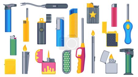 Illustration for Lighters set. Cartoon disposable and reusable lighters icons, flammable fuel ignition equipment, burn cigarette plastic and gas. Vector isolated collection. Portable device for smoking or flame - Royalty Free Image