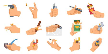 Illustration for Hands with cigarettes. Cartoon men and women holding e-cigarette devices, modern electronic cigarette concept with vape liquid and vapor. Vector flat banner set. Tobacco products in arms - Royalty Free Image