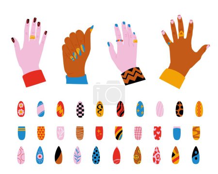 Illustration for Human nails set. Fashion manicure icons colorful cartoon style, shiny fingernail polish and spa beauty concept. Vector isolated set. Glamour and elegant design for fingernails, female hands - Royalty Free Image