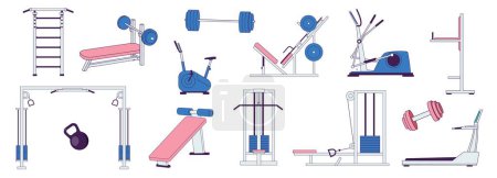 Illustration for Training sport machines. Fitness equipment with barbells, dumbbells and mats, runner cycling bike and running cross trainer. Vector set. Physical activities, objects for workout and exercises - Royalty Free Image
