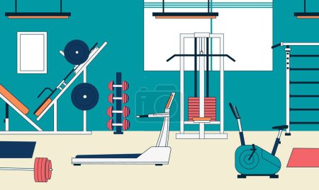 Gym interior with equipment. Cartoon fitness center with fitness training and workout equipment, sport tools and heavy training machines. Vector illustration. Treadmill and cycling bike, dumbbells