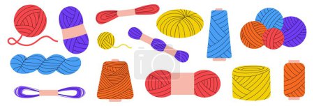 Illustration for Wool and spool collection. Cartoon handmade spool with thread yarn, colorful handmade textile equipment for sewing. Vector knitting and sewing set. Handcraft, making accessories hoppy - Royalty Free Image