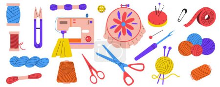 Illustration for Embroidery tools. Cartoon tailor sewing machine thimble scissors and fabric, needlework sewing equipment for fashion textile. Vector set. Workshop with needlecraft and knitting isolated elements - Royalty Free Image