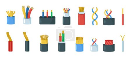 Illustration for Electric cable isolation. Wiring circuit and power supply, electric cord and cable, various power line cut. Colorful wire collection. Vector set. Hardware equipment disconnection, repair concept - Royalty Free Image