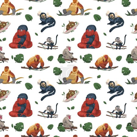Téléchargez les illustrations : Modèle de singe. Impression tropicale sans couture avec des personnages drôles de primates de la jungle, toile de fond sans fin avec différentes espèces de singes. Texture vectorielle de dessin animé. Bêtes ou créatures forestières dans la nature - en licence libre de droit