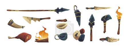 Illustration for Primitive tools. Ancient stone knife and sharp barbarian rock stick, prehistoric flat weapon and tool icons. Age, civilization and evolution symbols vector set. Hunter or caveman objects - Royalty Free Image