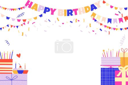 Illustration for Birthday decoration background. Happy holiday greetings card with falling balloons, colorful ribbons and confetti. Vector party banner. Congratulation frame with gift box, garlands - Royalty Free Image