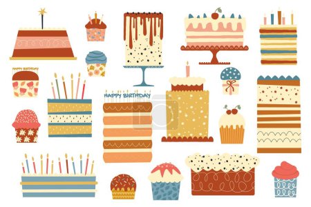 Téléchargez les illustrations : Desserts d'anniversaire. Dessin animé gâteau sucré cuit à la crème et aux fruits, pâtisserie sucrée colorée pour la célébration. Ensemble de nourriture de boulangerie vectorielle. Boulangerie de vacances, délicieux cupcake aux bougies, heureux événement - en licence libre de droit