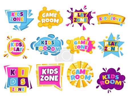 Téléchargez les illustrations : Label zone enfants. Salle de jeux colorée pour enfants avec jouets, concept d'activité pour la maternelle. Bannière isolée vectorielle. Animations pour enfants, centre éducatif pour les loisirs - en licence libre de droit