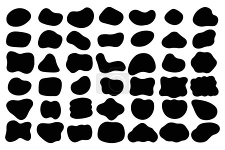 Illustration for Black organic abstract shapes. Seamless print of rough irregular blob splotch circles and waves. Vector modern amorphous geometric elements. Asymmetric stains of various shapes silhouette - Royalty Free Image
