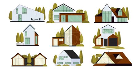 Illustration for Modern suburban villas. Luxury house with terrace and garden. Urban real estate with apartment and house. Vector isolated set. Contemporary architecture, property facade with nature - Royalty Free Image