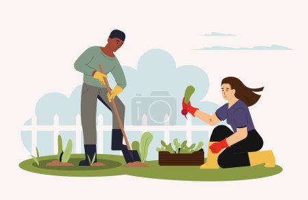 Téléchargez les illustrations : Employés agricoles travaillant dans le jardin avec des outils. Illustration de l'agriculture salarié, travail d'outil pour le vecteur jardin - en licence libre de droit