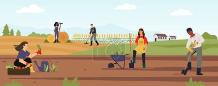 Illustration for Agricultural workers work on farm landscape, collect harvest. Vector of farm landscape, farmer on field, worker farming illustration - Royalty Free Image