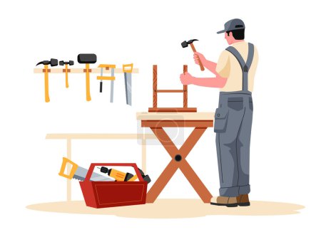 Illustration for Carpentry workshop with work tools, repair and renovation. Illustration of work repair, workshop carpentry - Royalty Free Image